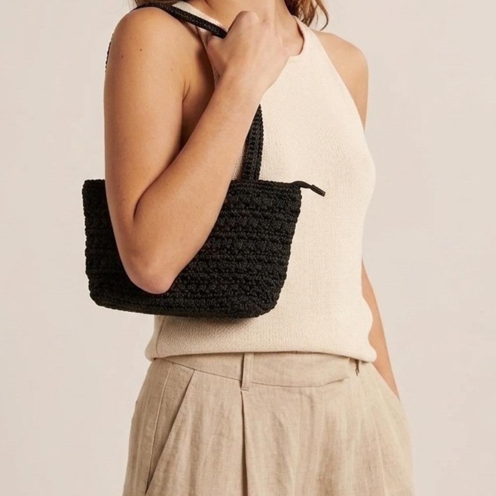 Vintage Black Crochet Shoulder Bag Boho Minimalist Knit Handbag Retro Y2K Small